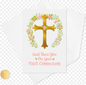 Gold Cross and Pink Flower Wreath First Communion